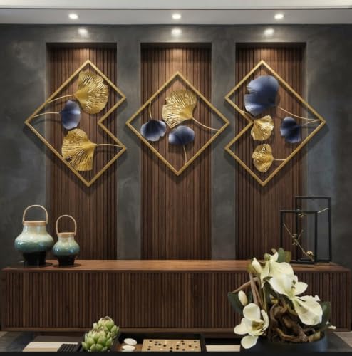 Image of SMILES GIFT Luxury Imported Wall Hanging Abstract 3-Piece Iron Wall Hanging Modern Gold Ginkgo Design Luxury Art for Home Decor