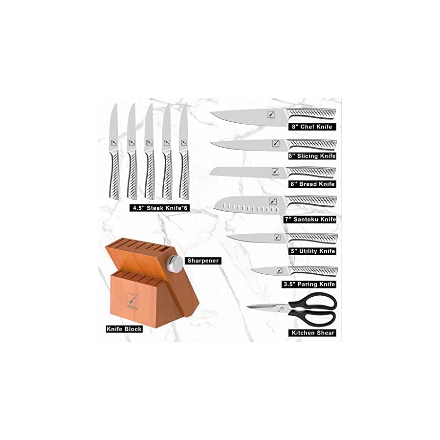 imarku Knife Set, 14PCS Knife Sets for kitchen with block, One-Piece Kitchen Knife Set with Built-in Sharpener, Stainless Steel Chef Knife Set with Lightning Stripes Handle, Dishwasher Safe(Wood)