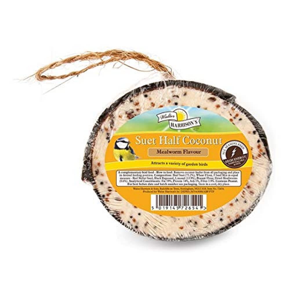 Walter Harrisons Half Coconut Suet Wild Bird Feeder – Nutritious Mealworm Flavour for Garden Birds (Pack of 1)