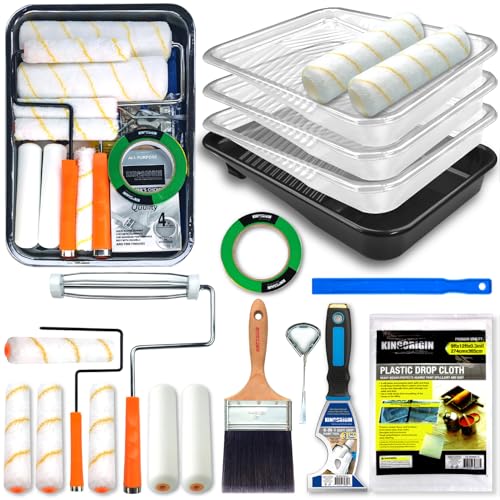 King Origin 20 Piece Paint Roller Kit, Paint Roller Covers 9-inch & 6-inch, Paint Brush, Paint Tray Liners & Accessories | Interior Painting Supplies for Walls & Ceiling | Paint Kit for House