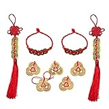 XHBTS 2 Chinesische Knoten Glücksmünzen Feng Shui Münzen I-Ching Glücksmünze und 5 Chinesische Feng Shui Münzen 2 Münzen Armband für Glück und Gesundheit