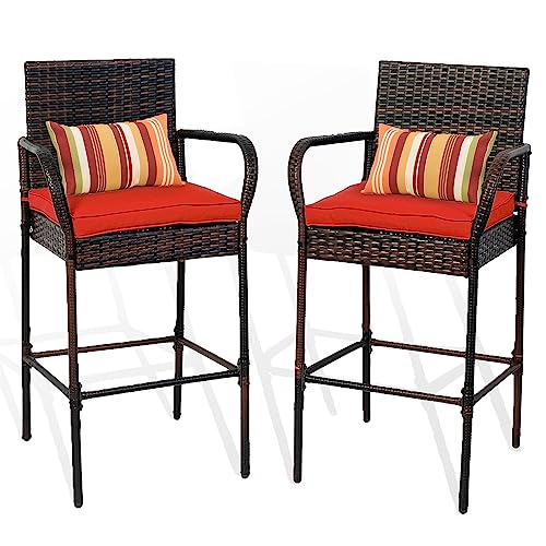 Sundale Outdoor Patio Stools & Bar Chairs, Outdoor Bar Stools Set Of 2 With Back Rest Pillow, 2 Piece Wicker Chairs Bar Chairs With Red Cushion, All-Weather Patio Seating - Steel, Brown #TOP4