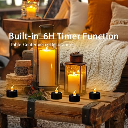 Image of LANKER Flameless Candles with 6H Timer, Flickering Warm Yellow LED Tea Lights with Black Base, Long Lasting Battery Operated Fake Candles for Party, Halloween and Christmas, Set of 24 (Black)
