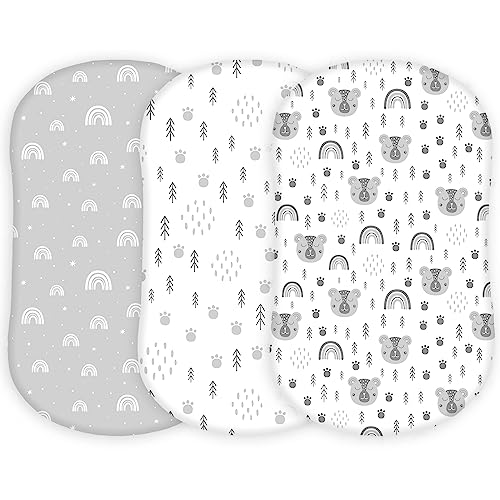 Image of TansyPanda Bassinet Sheets for Halo Bassinest Swivel, Flex, Glide, Premiere and Luxe Series Sleeper, Pack of 3, 33 X 17 Inch, Ultra Soft and Snug Fit, Unisex Boys Girls, Gray White (Woodland Rainbow)