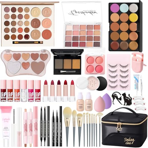 Set Maquillaje Mujer, Set Regalo Maquillaje Adolescentes, Kit de Estuche Maquillaje Profesional Completo con Paleta Sombras de Ojos, Base Líquida, Colorete, Lápiz Labial, Rímel, Gloss Labios, Pinceles
