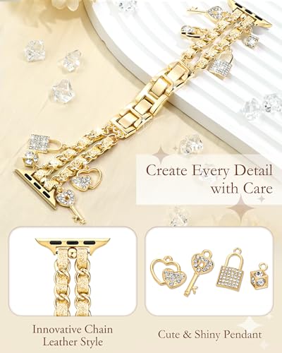 Image of Slim Gold Metal Band Compatible with Apple Watch Bands for Women 38mm 40mm 41mm 42mm 44mm 45mm 46mm, Dressy Designer Charm Bracelet Thin iWatch Bands for SE 3 2 1 Series 11 10 9 8 7 6 5 4 3 2
