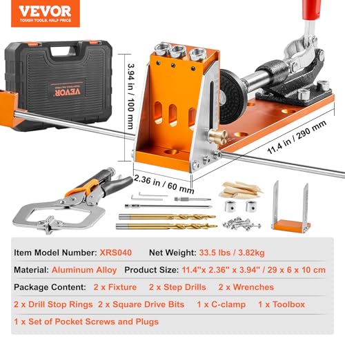 Image of VEVOR 34 Pcs Pocket Hole Jig Kit, Adjustable Versatile Pocket Hole Jig with Toolbox,11 inch C-clamp, Fixture, Step Drills, Wrenches, Drill Stop Rings, Square Drive Bits-Gifts for Him