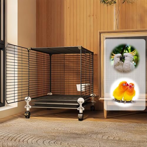 RoBeKaU 鳥かご インコ 大型 複数飼い セキセイインコ 持ち運び 鳥 ケージ バードゲージ 鳥小屋 引き出し式トレイ 止まり木 ブランコ 餌入れ セキセイインコ オカメインコ ボタンインコ コザクラインコ 給水器付 (黒 (37×37×47)輪付)