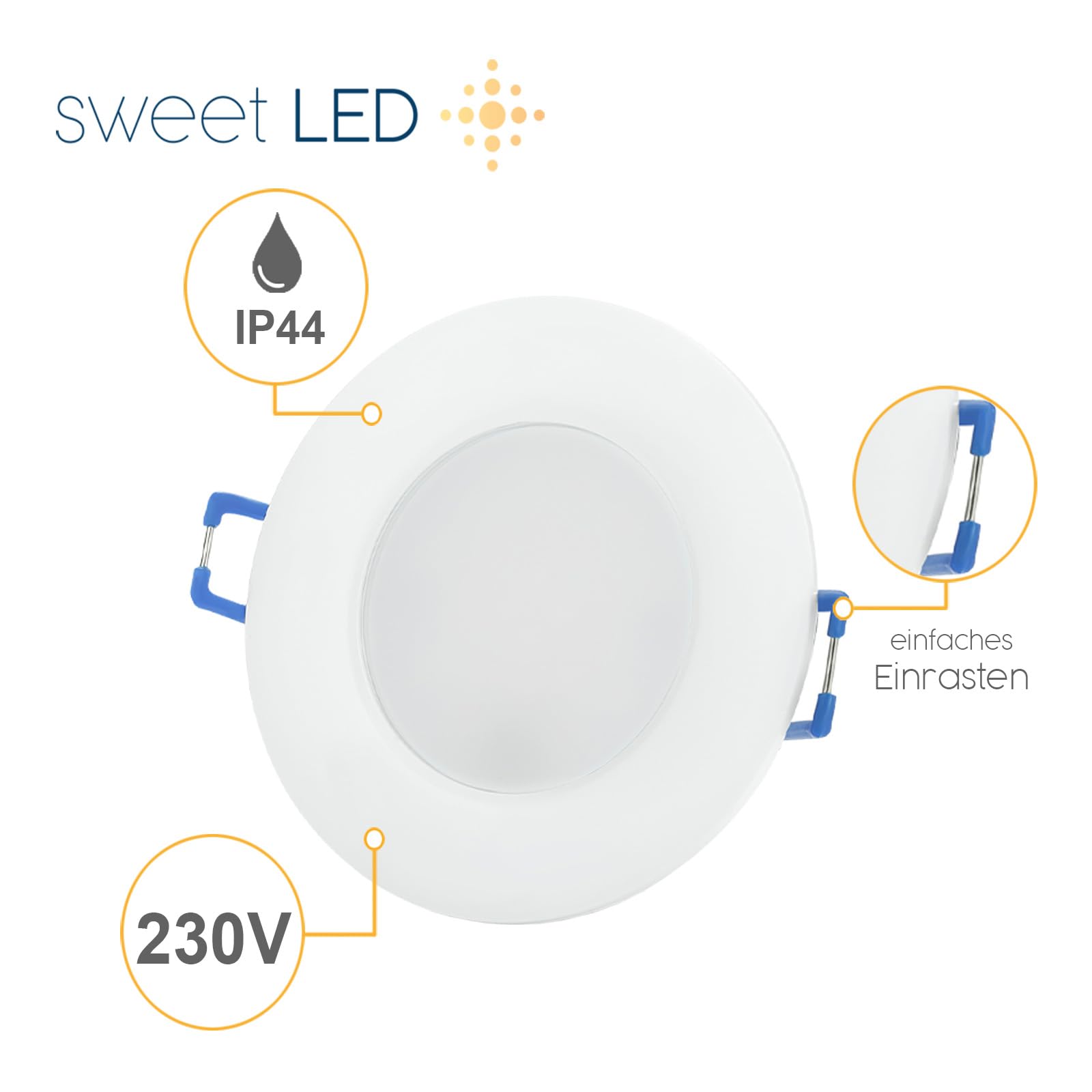 Sweet Led - LED Einbaustrahler 230V - LED Spots 6.5W Lochmaß Ø68mm - CCT IP44 Einbauspots für Badezimmer, Küche - Deckenspots 3000K 4000K 6500K - Einbauleuchten (10er | weiß)