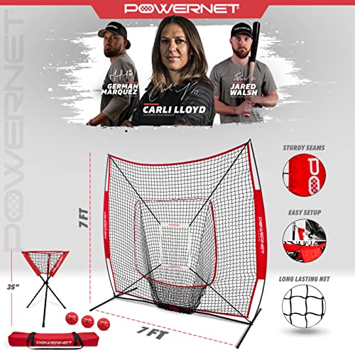 Powernet Dlx Combo 6 Piece Set For Baseball Softball | 7X7 Practice Net Bundle W/Strike Zone, Ball Caddy + 3 Weighted Training Balls | Team Or Solo Training | Hitting & Throwing (Red) #TOP2