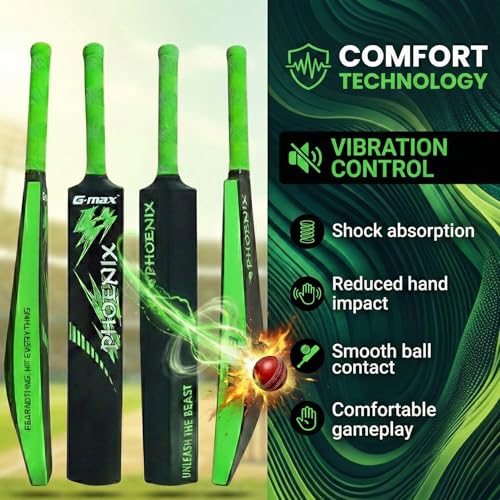 Image of G-Max Phoenix Cricket Bat Full Size HDPE Plastic Lightweight Design Black & Green Massive Sweet Spot Ideal for Tennis Ball & Soft Ball Practice