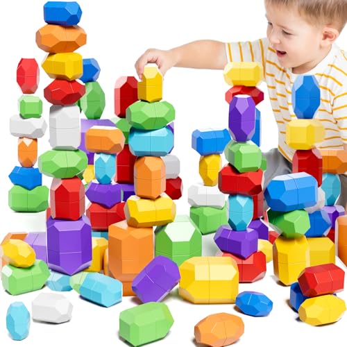 Lucky Doug 50PCS Large Rocks Stacking Toys for Toddlers 3-6 Safe Montessori Stacking Building Blocks Stones Toy for Preschool 3 4 5 6 Year Old Boys Girls Sensory Birthday Gifts for Kids 3-6