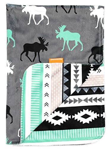 Image of Dear Baby Gear - Reversible Baby Blankets - Soft Nursery Blanket for Newborn - Toddler Blankey - Throw Blanket for Boys & Girls - Infant Blankets - 40x30" (White Gray and Mint, Moose)