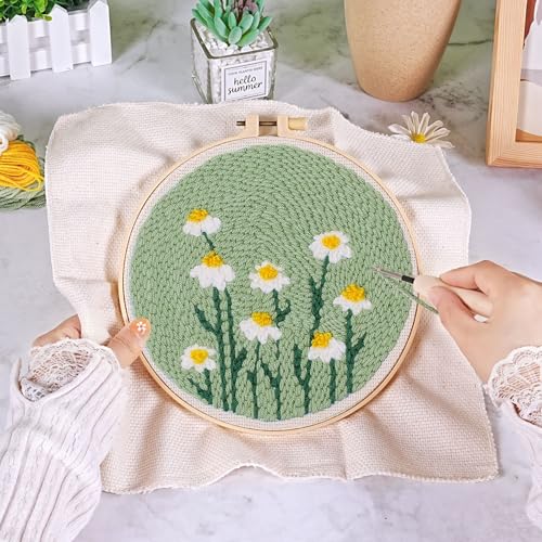 Image of KESTAR Punch Needle Embroidery Starter Kits, Daisy Flower Punch Needle Kits for Adults Beginner, Needle Punch Kit Tool with Instruction Threader Fabric Yarns and Hoop