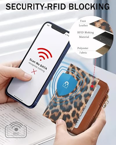 Image of Small Bifold Wallets Woman RFID Mini Wallet for Women Slim Card Holder with Zipper Coin Pocket & 2 ID Windows (Leopard)
