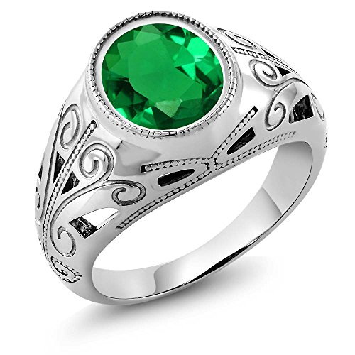Gem Stone King 3.80 Ct 925 Sterling Silver Oval Green Simulated Emerald Men's Ring (Size 11)