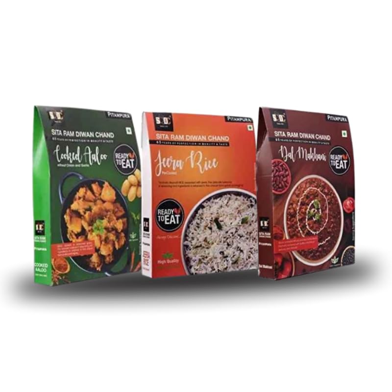 Sita Ram Diwan Chand Ready to Eat Cooked Aaloo | Jeera Rice | Dal Makhani 300 Gram Each| No Preservatives | No Artificial Flavors | 100% Natural Ingredients & Vegetarian | Tasty Snacks - Pack of 3