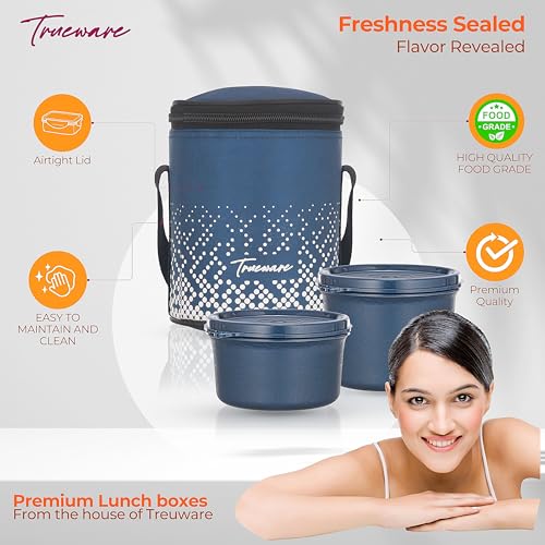Image of Trueware Omaga Lunch Box with Insulated Fabric Jacket, 2 Microwave Safe & Leak Proof Inner Stainless Steel Containers (1 X 400ml & 1 X 500ml) Tiffin for Office, College