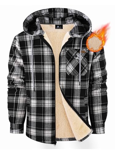 Mens Flannel Hoodies Fleece Full Zip Shirt Jacket Plaid Fall Winter Coat with Hood