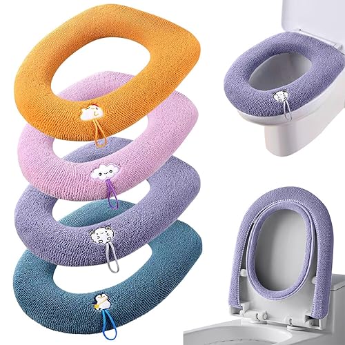 4 PCS Cute Animal Pattern Knitted Bathroom Soft Warmer Toilet Seat Pads, Universal Autumn Winter Washable Cloth Seat Cushion Cover with Handle