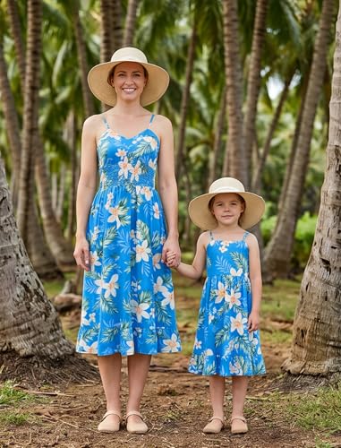 Image of AWIBMK Hawaiian Family Matching Outfits Mother Daughter Tropical Dresses Father Son Shirts for Beach Vacation Luau Party
