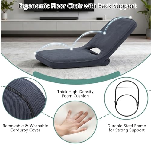 Image of Floor Chair with Adjustable Back Support, Foldable Padded Gaming Floor Seat for Adults & Kids, Multi-Position Meditation Chair with Corduroy Cover for Reading, Gaming & Watching TV (Grey)