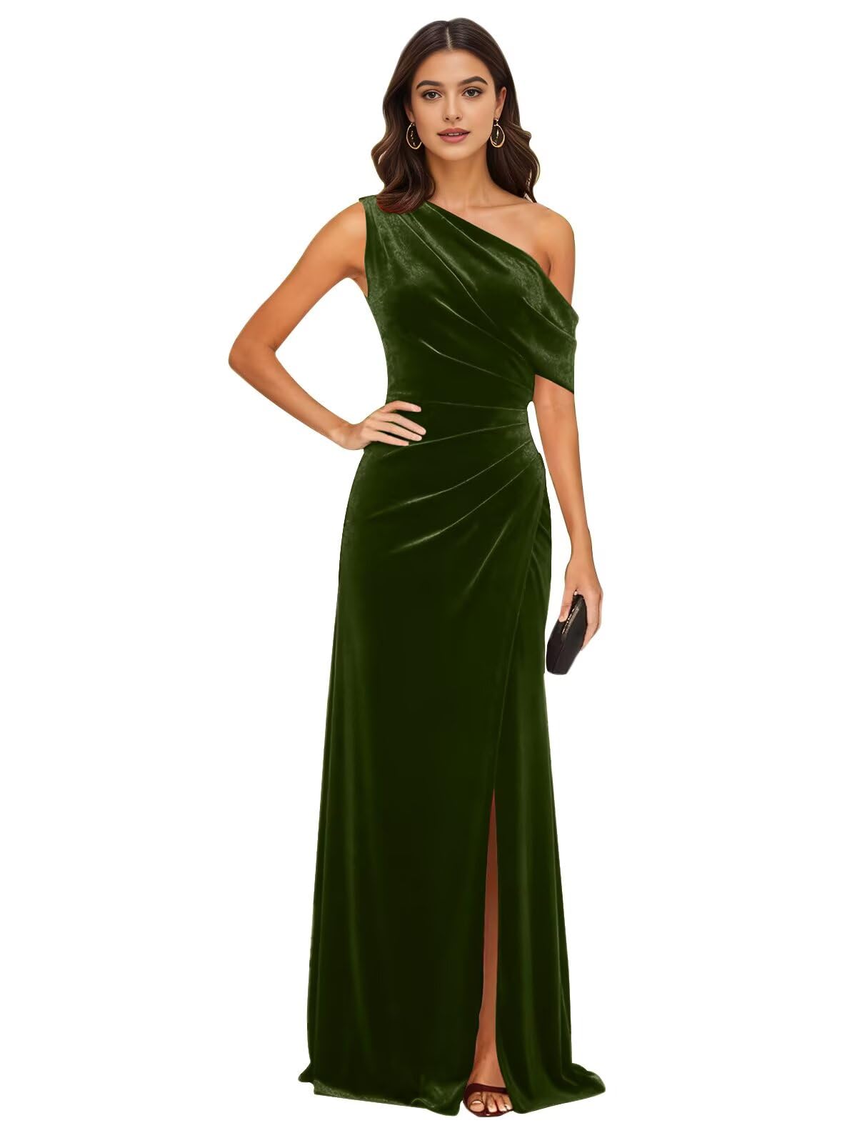 RYANTH One Shoulder Velvet Bridesmaid Dresses Long Mermaid Formal Prom Dress Pleated Evening Gowns with Slit