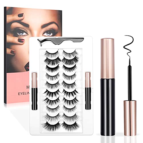 Magnetic Eyelashes with Eyeliner, 10 Pairs Magnetic Eyelash Natural Look, Upgraded 3D False Lashes Magnetic Eyeliner Kit with Tweezers and 2pcs Magnetic Eyeliner, Reusable, No Glue