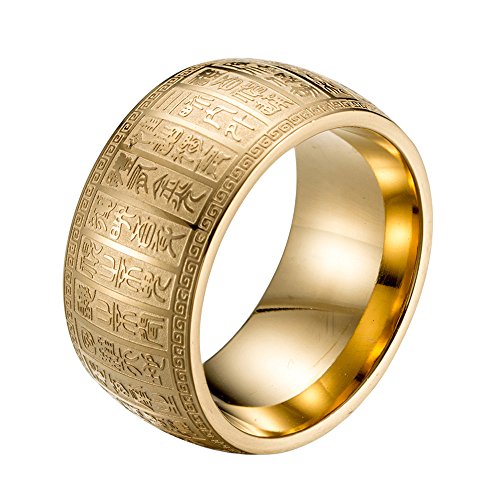 INRENG Men's Stainless Steel 11MM Wide Mantra Ring Ancient Chinese Engraved Amulet Biker Band Gold Size 12