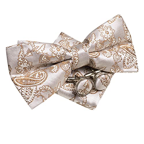 Image of Hi-Tie Mens Champagne Paisley Bow Ties Pre-Tied Pocket Square with Cufflinks Mens Bowtie Sets for Wedding Formal Party