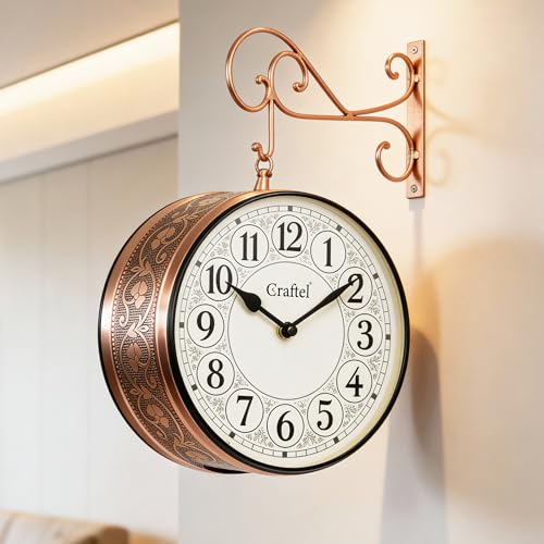 Image of CRAFTEL Double Sided Station Wall Clock Electroplated | Both Side English Dial Aluminum | Dome Glass | Gift for Home Hall Living Room | Dial 10 Inch, Rose Gold