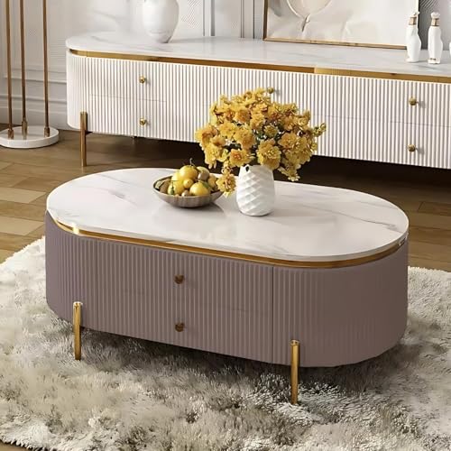 Image of Tesla Centre Table, White Marble Top with Gold Trim, Oval Modern Coffee Table with 2 Drawer Storage, Waterproof Plywood Base, PVD Metal Legs, for Living Room (Pink)
