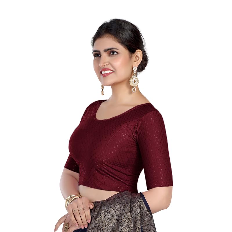 Image of FINESTFIT Round Neck Stretchable Elbow Sleeve Readymade Saree Blouse for Women, 100% Cotton Dobby Fabric