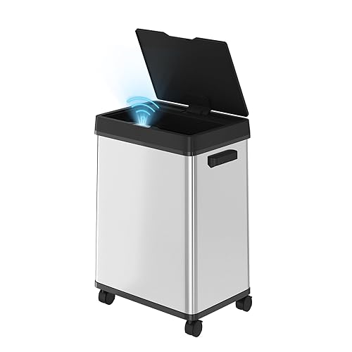 Bote de basura con sensor automático de 13.2 galones con control de olores y ruedas, cubo de basura de acero inoxidable de 50 litros con cierre