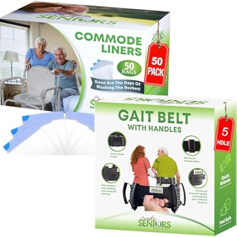 Commode Liners & Gait Belt for Seniors - 50 Strong Portable Toilet Bags - Bedside Commode Liners Disposable - Transfer Gate Belts with Handles for Lifting Elderly & Patient Physical Therapy Medical Cover