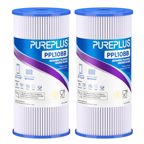 PUREPLUS 20 Micron 10 x 4.5 Whole House Pleated Sediment Filter for Well Water Replacement Cartridge for GE FXHSC Culligan R50-BBSA Pentek R50-BB DuPont WFHDC3001 W50PEHD GXWH40L 2Pack