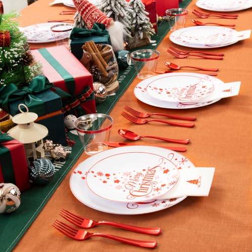 Morejoy 175PCS Christmas Plastic Dinnerware Set - White/Red Plates & Red Plastic Silverware Include 25 Plates, 25 Cups, 25 Forks, 25 Knives, 25 Spoons, 25 Napkins Perfect for Holidays – Image 7