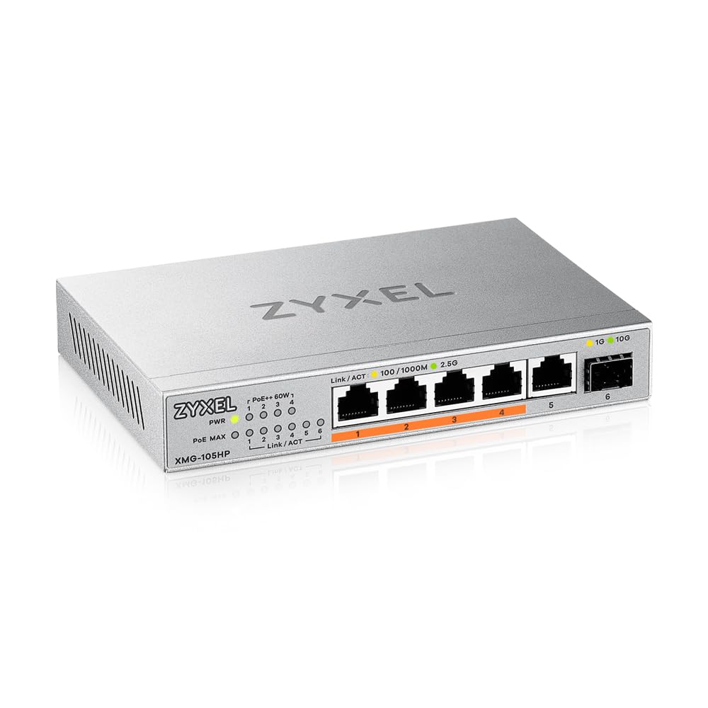 Zyxel Switch PoE 5 Porte | Unmanaged Multi-Gigabit Switch Ethernet 2.5 Gigabit | 4x PoE++ Budget 70W, 1x 10Gb SFP+ | Montaggio su Desktop o a Parete [XMG-105HP]