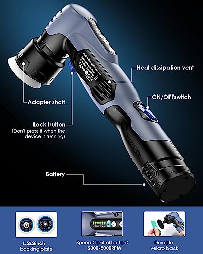 Mini Polisher, 12V Cordless Mini Polisher with 2/1.5 inch Backing Plate, Works as DA & RO Car Polisher, 53 Accessories, 6 Speeds Variable Mini Buffer Polisher for Car Detailing, Polishing
