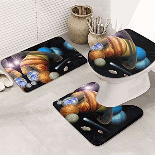 Planet Earth Print Rug Mats Pads Badvorleger Badezimmerteppich Set 3 Stück + Konturteppich + Toilettendeckelbezug