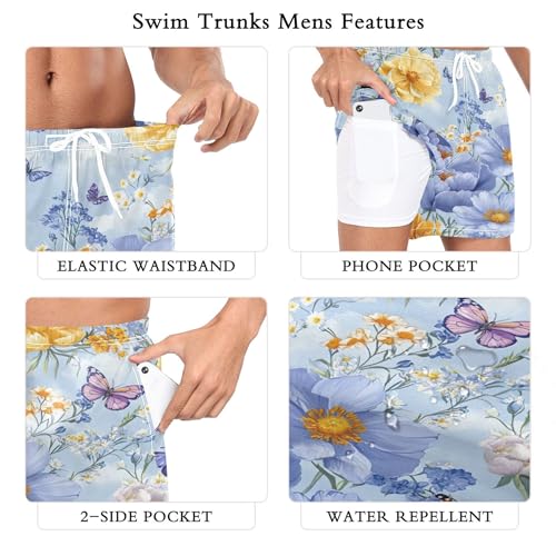xigua Beautiful Floral Pattern Mens Swim Trunks with Liner, 5 inch Quick Dry Mens Boardshorts for Beach3