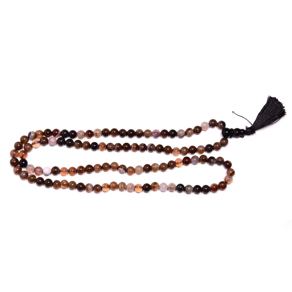 SOUL KARMANatural Agate Certified 108 Bead+Guru Bead Jaap Mala Semi Precious Stone Fashion Jewellery Healing Reiki Positivity Good Luck Love Health Wealth Prosperity Brown 8mm