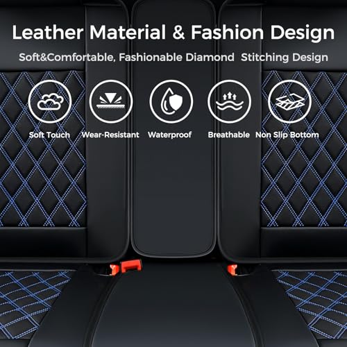 Image of Huidasource Car Back Seat Cover, Leather Anti Slip Automotive Rear Seat Cover Protector, Back Seat Car Cover Velcro Adjustable Universal Fit for Most Cars Sedan SUV Pickup Truck (Back Row /Black&Blue)