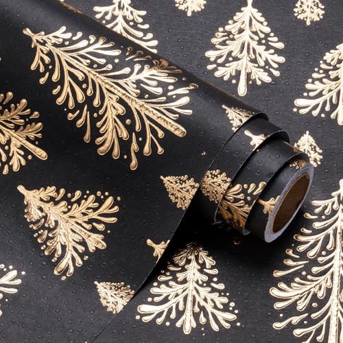 WRAPAHOLIC 3D Kraft Christmas Wrapping Paper Roll - Mini Roll - 17 Inch x 16.5 Feet - Gold and Black Christmas Tree Wrapping Paper with Embossed Perfect for Holiday Party Celebration