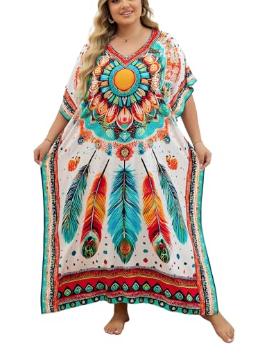 Image of KECVOT Kaftan Dresses for Women V-Neck Print Swimsuit Cover Up Plus Size Beach Caftan Lounge Dress