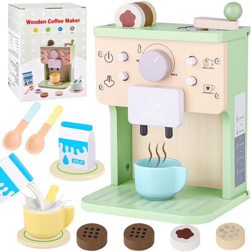 Cafetera Madera Juguete, una Cafetera Juguete Realista con Sonido y Botones, Juego de 12 Piezas para Juego de rol en la Cocina, Adecuada para Niños y Niñas de 3 Años en Adelante