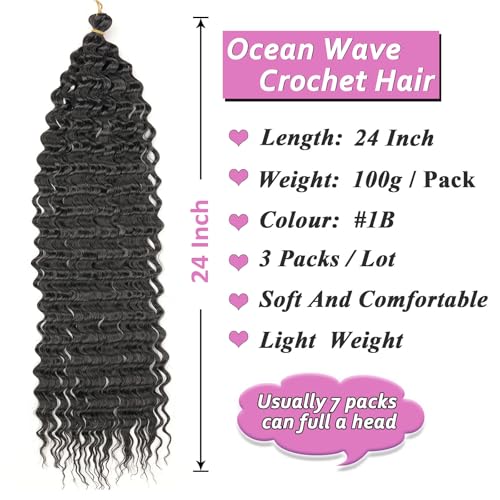 Samtress Ocean Wave Crochet Hair 24 Inch Curly Braiding Hair 3 Packs Deep Wave Crochet Hair Natural Black Wet and Wavy Braiding Hair For Boho Braids Hair Extensions (#1B) - Image 2