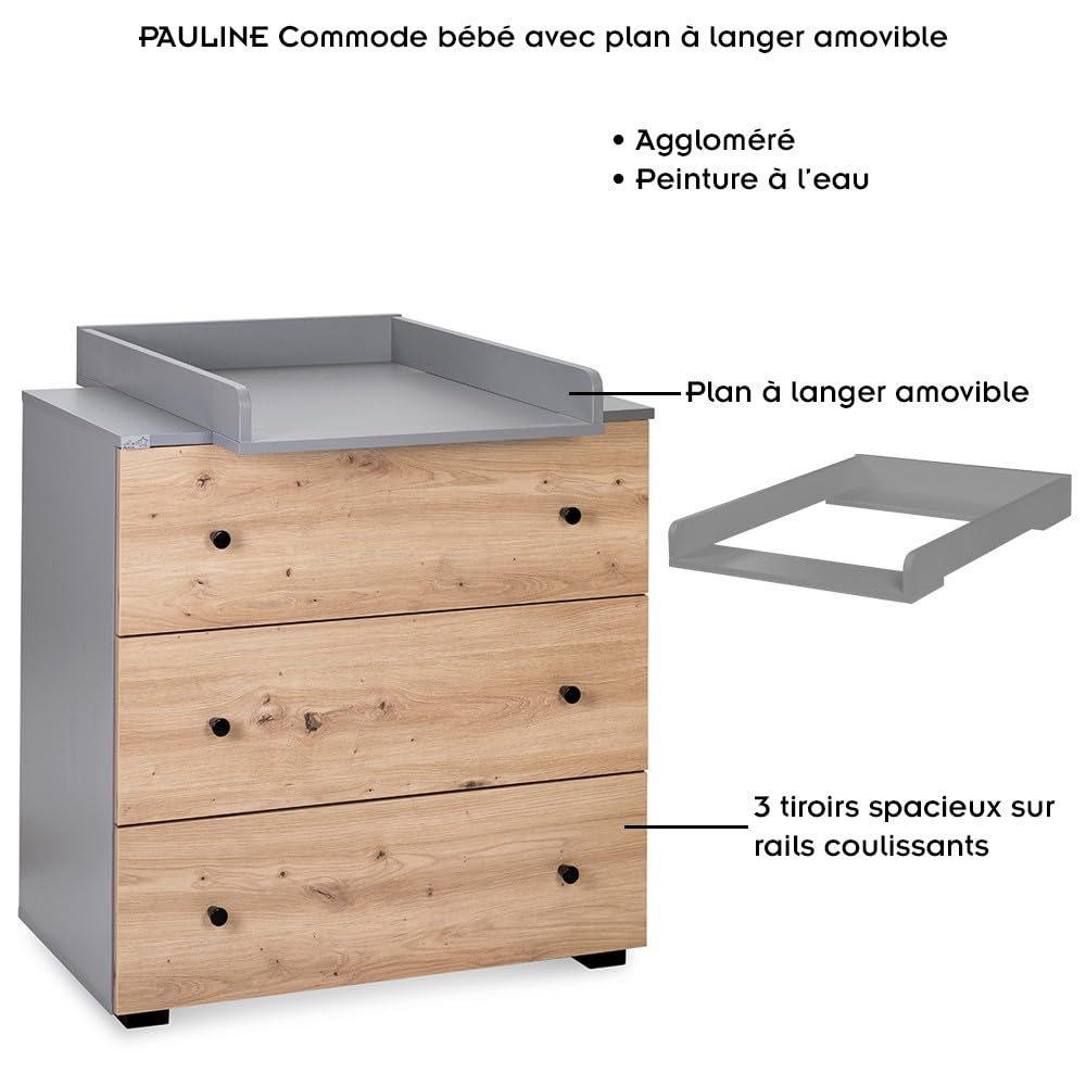 PAULINE - Cassettiera con fasciatoio rimovibile, in legno, colore: grigio
