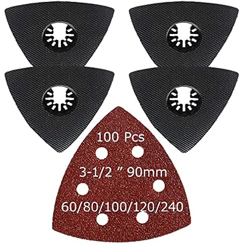XXGO 104 Pcs 90mm 3-1/2 Inch Triangle Oscillating Multi Tool Sanding Pads Kits Include 4 Pcs Triangle Multitool Sanding Pads and 100 Pcs Triangle Multitool Sandpaper XGM0403 Cover