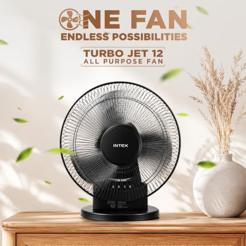 Image of Intex Turbo Jet table fan jet 12 All Purpose Fan 280mm (12 Inch) | 145W High Speed Motor | 2500 RPM | 3 Speed Control | 180 Vertical Adjustment | Rust Proof Guard | Aerodynamic Blades | Black